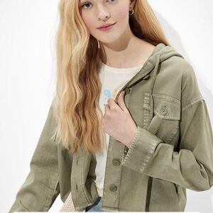 American Eagle Cropped Military Hooded Shirt Jacket Shacket Army Green Women L